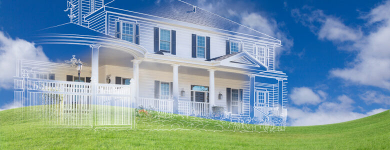 Beautiful Custom House Drawing and Ghosted House Above Grass Field.