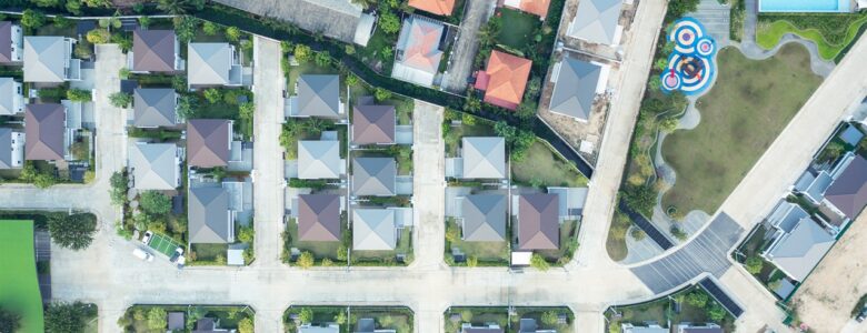 A top-down view of multiple house lots